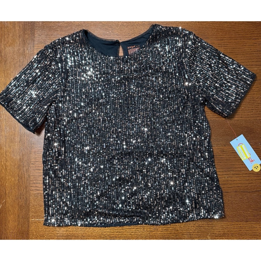 Cat & Jack Girls Sequin Shirt Black Short Sleeve Top XL 14 NWT Sparkle Holiday